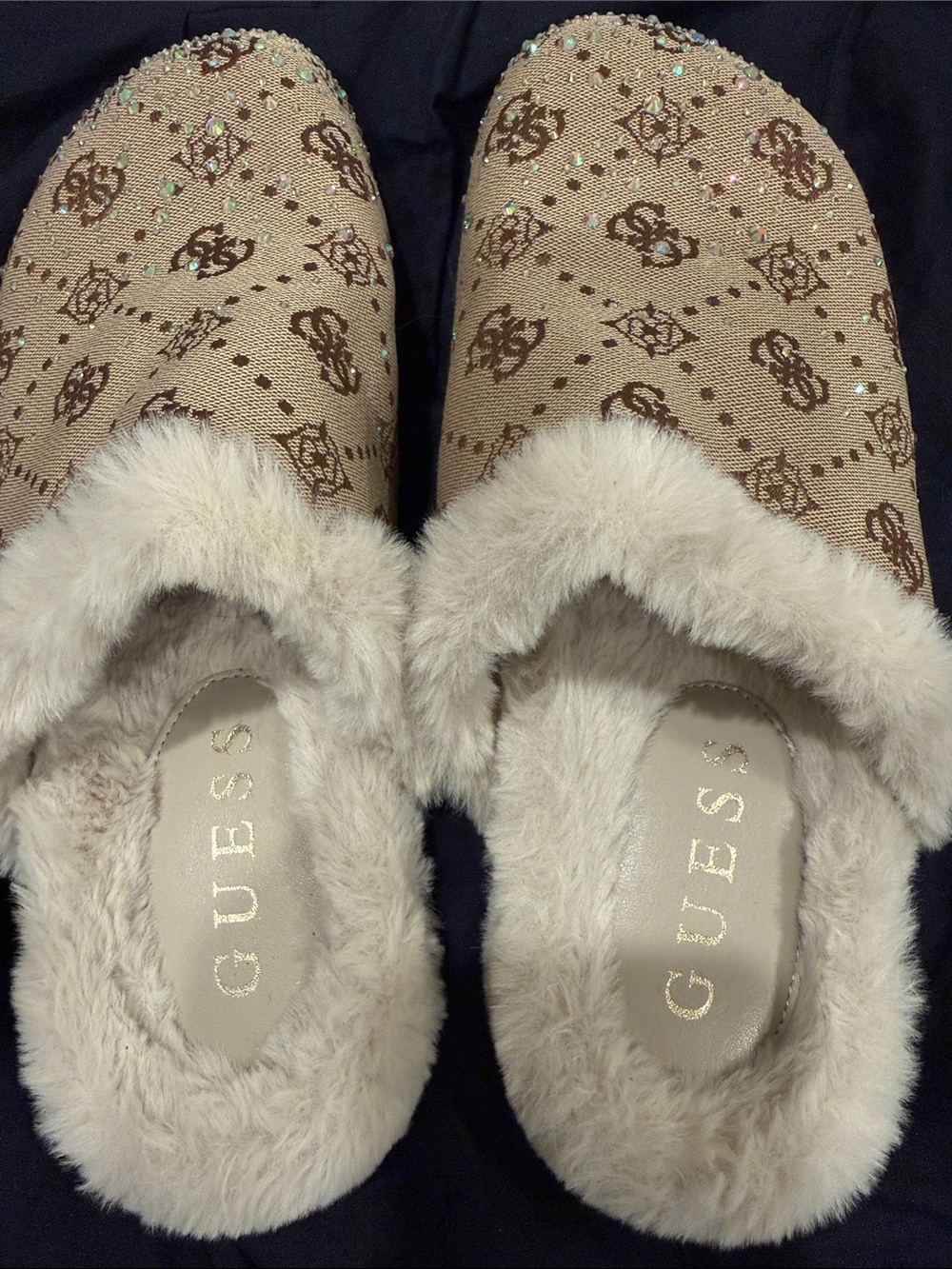 GUESS Beige Monogram Faux-Fur Lined Slip-Ons with Sparkle